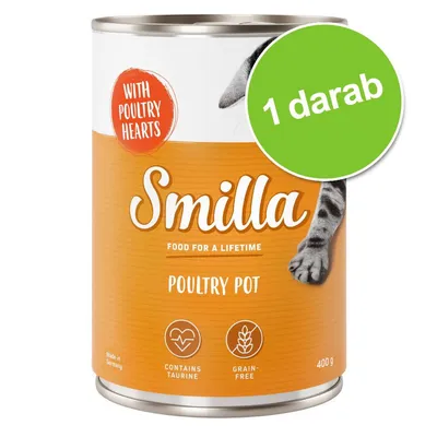 Smilla Poultry Pot macskaeledel 400 g, feliratok: WITH POULTRY HEARTS, FOOD FOR A LIFETIME, CONTAINS TAURINE, GRAIN-FREE. Zöld körben: 1 darab.