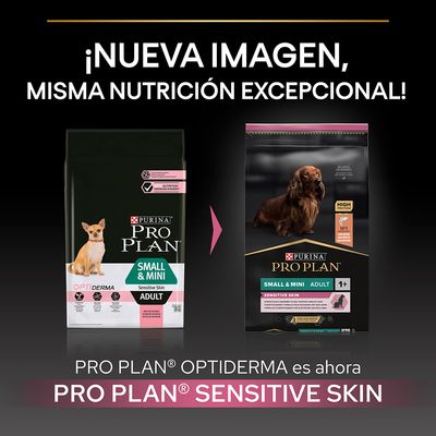Comparación de envases: Purina Pro Plan Small & Mini Adult Optiderma Sensitive Skin cambia a Pro Plan Small & Mini Adult Sensitive Skin. Texto: ¡Nueva imagen, misma nutrición excepcional!