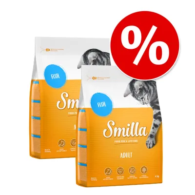 Smilla Adult kattmat med fisk, 4 kg, Made in Germany, innehåller taurin, omega-fettsyror och yucca schidigera. Rabatt-symbol synlig.