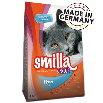 Smilla Adult Fisch Fish -kuivaruoka kissoille, 1 kg. Tekstit: ausgwogene Ernährung, Finest Healthy Nutrition, Made in Germany. Kuvassa harmaa kissa.