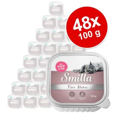 Smilla Fine Menu våtfoder för katt, 48 x 100 g. Text på förpackning: 'with poultry & veal', bild på grå katt. Varje burk innehåller 100 g.