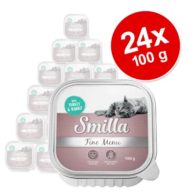 Lot de 24 barquettes Smilla Fine Menu pour chat, 100 g chacune, avec texte visible : 'with turkey & rabbit', 'contains taurine', 'grain-free recipe'. Image d’un chat sur l’emballage.