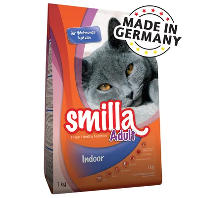 Smilla Adult Indoor kattenvoer, 1 kg verpakking met afbeelding van grijze kat. Tekst: 'für Wohnungskatzen', 'Made in Germany', 'Finest Healthy Nutrition'.