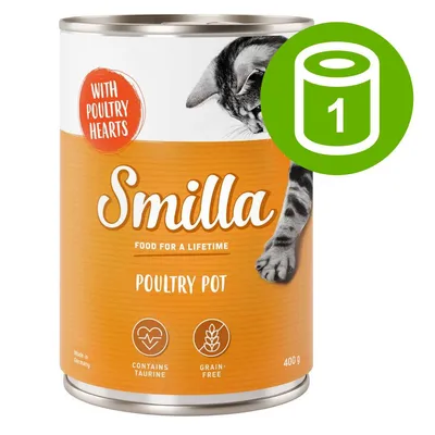 Smilla Poultry Pot, 400 g, z sercami drobiowymi. Zawiera taurynę, bez zbóż. Na etykiecie kot i ikona jednej puszki. Smilla Poultry Pot, 400 g, z sercami drobiowymi. Zawiera taurynę, bez zbóż. Na etykiecie kot i ikona jednej puszki.