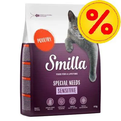 Smilla Special Needs Sensitive kattefoder, POULTRY, 4 kg. Tekst: grain-free recipe, contains taurine, endda fatty acids, yucca schidigera. Stor gul procent-tegn øverst til højre.