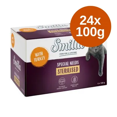 Smilla Special Needs Sterilised with Turkey, confezione da 24x100g. Testo visibile: 'balanced energy content', 'grain-free recipe'. Immagine di un gatto sulla scatola. Smilla Special Needs Sterilised with Turkey, confezione da 24x100g. Testo visibile: 'balanced energy content', 'grain-free recipe'. Immagine di un gatto sulla scatola.
