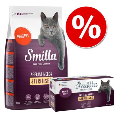 Smilla Sterilised próbacsomag: 1 kg száraz- & 12 x 85 g nedvestáp Marha