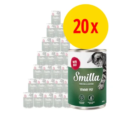 Smilla Yummy Pot with Beef kissanruoka, 400 g tölkki. Pakkaus sisältää 20 tölkkiä. Etiketissä tekstit: WITH BEEF, CONTAINS TAURINE, GRAIN-FREE RECIPE.