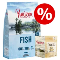 Purizon FISH pour chiens adultes, 80 % poisson et huile de poisson, 20 % fruits/légumes/herbes, 0 % céréales. Purizon Snacks Chicken with Fish, 100 g. Symbole pourcentage en rouge.