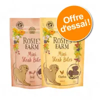 Rosie’s Farm Mini Steak Bites pour chien adulte, bœuf et poulet, sachets de 70 g. Offre d’essai visible sur l’image.