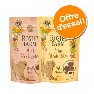 Lot mixte Rosie's Farm Mini bouchées pour chien 2 x 70 g : poulet, bœuf