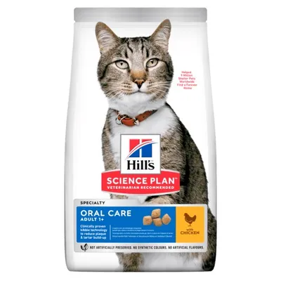 Hill's Science Plan Oral Care Adult 1+ with chicken, clinically proven kibble technology to reduce plaque and tartar build-up, no artificial preservatives, colours or flavours.