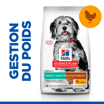 Hill's Science Plan Perfect Weight & Active Mobility, croquettes pour chien adulte moyen 11–25 kg, poulet. Texte visible : gestion du poids, with chicken, no artificial flavors.