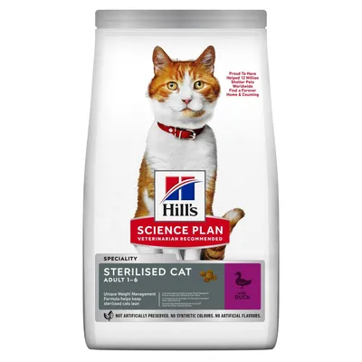 Hill's Science Plan Sterilised Cat Adult 1–6 s kachnou. Text: Unique Weight Management Formula helps keep sterilised cats lean. Bez umělých konzervantů, barviv a příchutí.