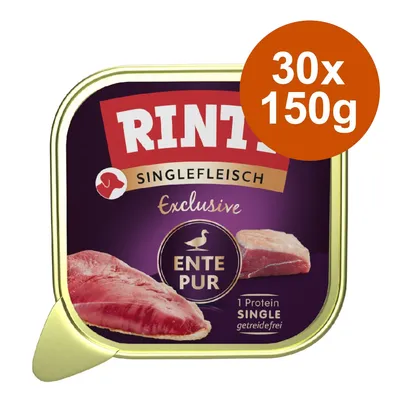Rinti Singlefleisch Exclusive Ente Pur, 30 x 150 g, 1 Protein Single, getreidefrei. Texte en allemand visibles sur l’emballage. Rinti Singlefleisch Exclusive Ente Pur, 30 x 150 g, 1 Protein Single, getreidefrei. Texte en allemand visibles sur l’emballage.