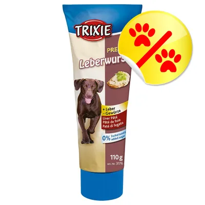 TRIXIE Leberwurst, 110g Tube, mit Leber und Gewürzen, 0% Zuckerzusatz, Abbildung eines Hundes und einer Brotscheibe mit Leberwurst, gelbes Symbol mit roten Pfotenabdrücken.