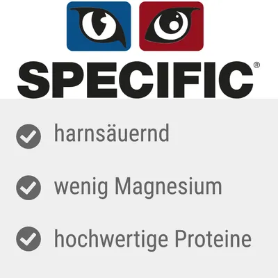 SPECIFIC. Texte en allemand : harnsäuernd, wenig Magnesium, hochwertige Proteine.