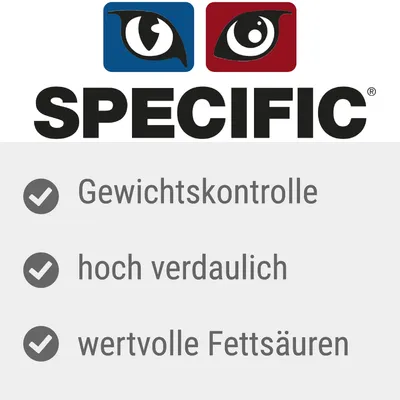 SPECIFIC. Gewichts­kontrolle, hoch verdaulich, wertvolle Fettsäuren (texte en allemand).