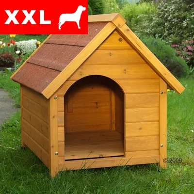 Puinen koirankoppi, ruskea katto. Vasemmassa yläkulmassa punainen laatikko, jossa valkoinen teksti XXL ja koiran siluetti.