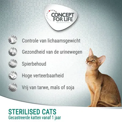 Concept for Life Sterilised Cats, gecastreerde katten vanaf 1 jaar. Controle van lichaamsgewicht, gezondheid urinewegen, spierbehoud, hoge verteerbaarheid, vrij van tarwe, maïs of soja.