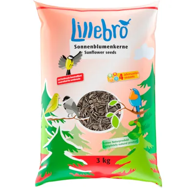 Lillebro Sonnenblumenkerne Sunflower seeds, 3 kg. Contrôlé pour ambroisie, 4 saisons, produit naturel. Texte en anglais et allemand visible sur l’emballage.