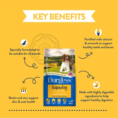 Key benefits: suitable for all breeds, biotin and zinc support skin and coat health, fortified with calcium and minerals for teeth and bones, highly digestible ingredients aid digestion.