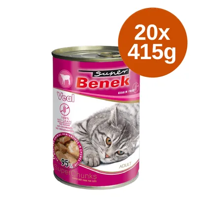 Super Benek Veal, grain-free wet food for cats, 20 cans of 415g each. 95% animal ingredients, no sugar, colourants or preservatives.