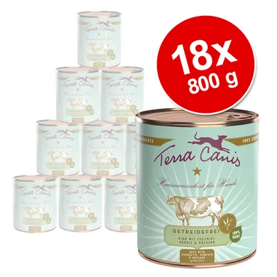 Lot de 18 boîtes Terra Canis 800 g, étiquette visible : Getreidefrei, Rind mit Zucchini, Kürbis & Oregano, 100 % Natur. Illustration de vache sur la boîte.