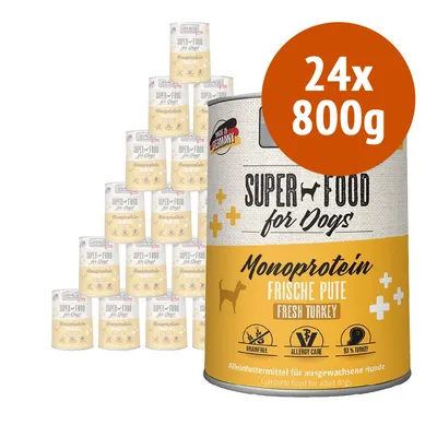 24x800g Super Food for Dogs Monoprotein Frische Pute Fresh Turkey, senza cereali, 93% tacchino, confezione di 24 lattine da 800 g ciascuna. Testo in tedesco e inglese visibile.
