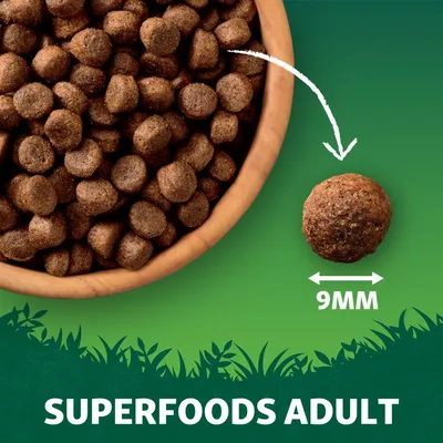 Kibble size shown as 9mm diameter for Superfoods Adult product, with close-up of kibble pieces in a bowl and one piece highlighted for size reference.