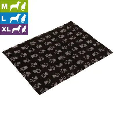 Tapis noir à motif pattes, disponible en tailles M, L et XL pour chiens et chats (icônes visibles). Matière textile clairement visible.