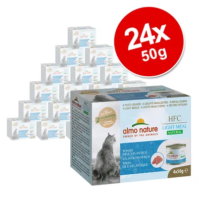 almo nature HFC Light Meal Natural, 24 x 50g packs. Box shows Atlantic tuna flavour, 4 light meals per box, image of a cat and tin, visible text in multiple languages.