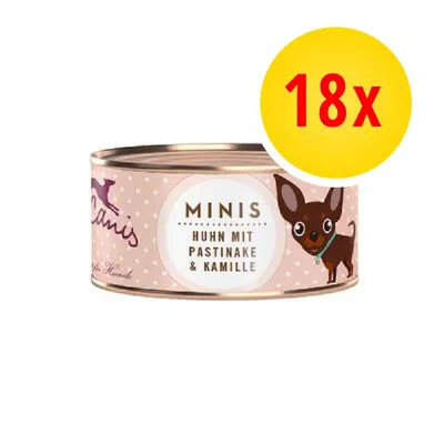 Confezione da 18x lattine di cibo per cani, etichetta con testo: MINIS Huhn mit Pastinake & Kamille, illustrazione di un cane piccolo sulla confezione.