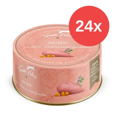 Lata de comida para gatos Terra Felis Huhn, texto visible: 100 % Lebensmittelqualität, 24x en círculo rojo. Envase rosa con ilustración de pechuga de pollo y verduras.