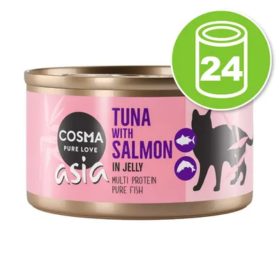 Cosma Asia Pure Love, boîte de nourriture pour chat, Tuna with Salmon in Jelly, multi protein pure fish. Lot de 24 boîtes indiqué dans un cercle vert.