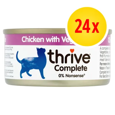thrive Complete Chicken with Vegetables kissanruokapurkki, 0% Nonsense. Pakkaus sisältää 24 purkkia. Englanninkielinen tuotenimi näkyvissä etiketissä.