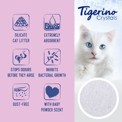 Tigerino Crystals silicat kattenbakvulling: extreem absorberend, voorkomt geurtjes, remt bacteriegroei, stofvrij, met babypoedergeur. Tekst in het Engels.