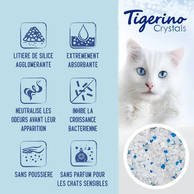 Tigerino Crystals, litière de silice agglomérante : extrêmement absorbante, neutralise les odeurs, inhibe la croissance bactérienne, sans poussière, sans parfum pour chats sensibles.