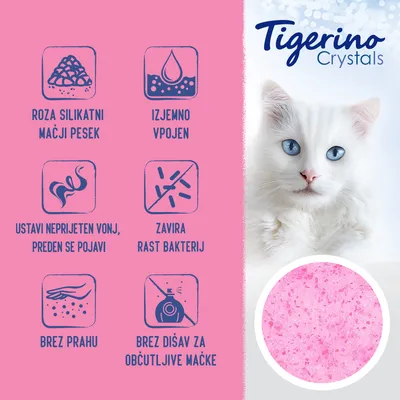 Tigerino Crystals roza silikatni mačji pesek: izjemno vpojen, ustavi neprijeten vonj, zavira rast bakterij, brez prahu, brez dišav za občutljive mačke.