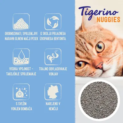 Tigerino Nuggies. Drobnozrnat, sprijemljiv naravni glineni mačji pesek iz bentonita, visoka vpojnost, trajno obvladovanje vonjav, svež vonj bombaža, narejeno v Nemčiji.