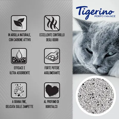Tigerino Performance lettiera per gatti, in argilla naturale con carbone attivo, controllo odori, ultra assorbente, agglomerante, grana fine, profumo di borotalco. Immagine del prodotto e gatto.