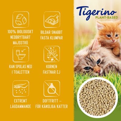 Tigerino Plant-Based. 100% biologiskt nedbrytbart majsströ, bildar snabbt fasta klumpar, kan spolas ned i toaletten, kornen fastnar ej, extremt lågdammande, doftfritt för känsliga katter.