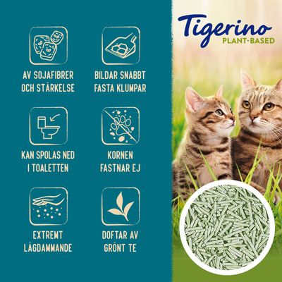 Tigerino Plant-Based. Av sojafibrer och stärkelse, bildar snabbt fasta klumpar, kan spolas ned i toaletten, kornen fastnar ej, extremt lågdammande, doftar av grönt te.