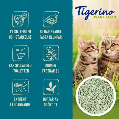 Tigerino Plant-Based. Av sojafibrer och stärkelse, bildar snabbt fasta klumpar, kan spolas ned i toaletten, kornen fastnar ej, extremt lågdammande, doftar av grönt te.