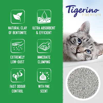 Tigerino Premium kattenbakvulling. Engelstalige claims: natural clay of bentonite, ultra absorbent & efficient, extremely low-dust, immediate clumping, fast odour control, with pine scent.