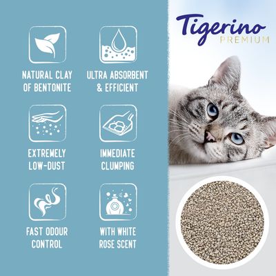Tigerino Premium. Natural clay of bentonite, ultra absorbent & efficient, extremely low-dust, immediate clumping, fast odour control, with white rose scent. Text på engelska.