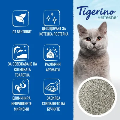Tigerino Refresher дезодорант за котешка тоалетна от бентонит, различни аромати, за свежа котешка тоалетна, елиминира миризмите, усилва образуването на бучки. Видима продуктова снимка и котка.