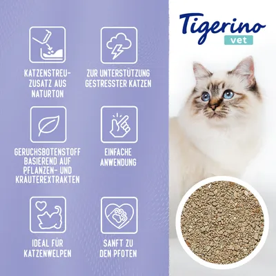 Tigerino Vet dodatek za mačje stelje iz naravne gline, podpira stresirane mačke, nevtralizira vonjave z rastlinskimi in zeliščnimi izvlečki, enostavna uporaba, idealen za mačje mladiče, nežen do tačk.