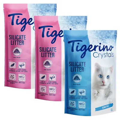 Tigerino Crystals bunte Katzenstreu - Sensitive, parfümfrei - Mixpaket 1 (2x pink, 1x blau)
