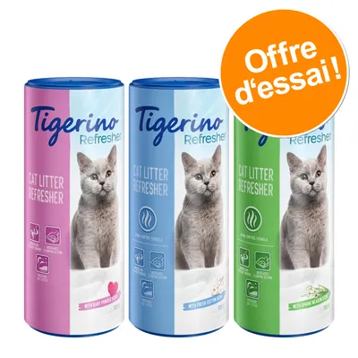 Trois boîtes Tigerino Refresher Cat Litter Refresher, senteurs baby powder, fresh cotton et spring meadow, 700 g chacune. Pastille orange : Offre d’essai !